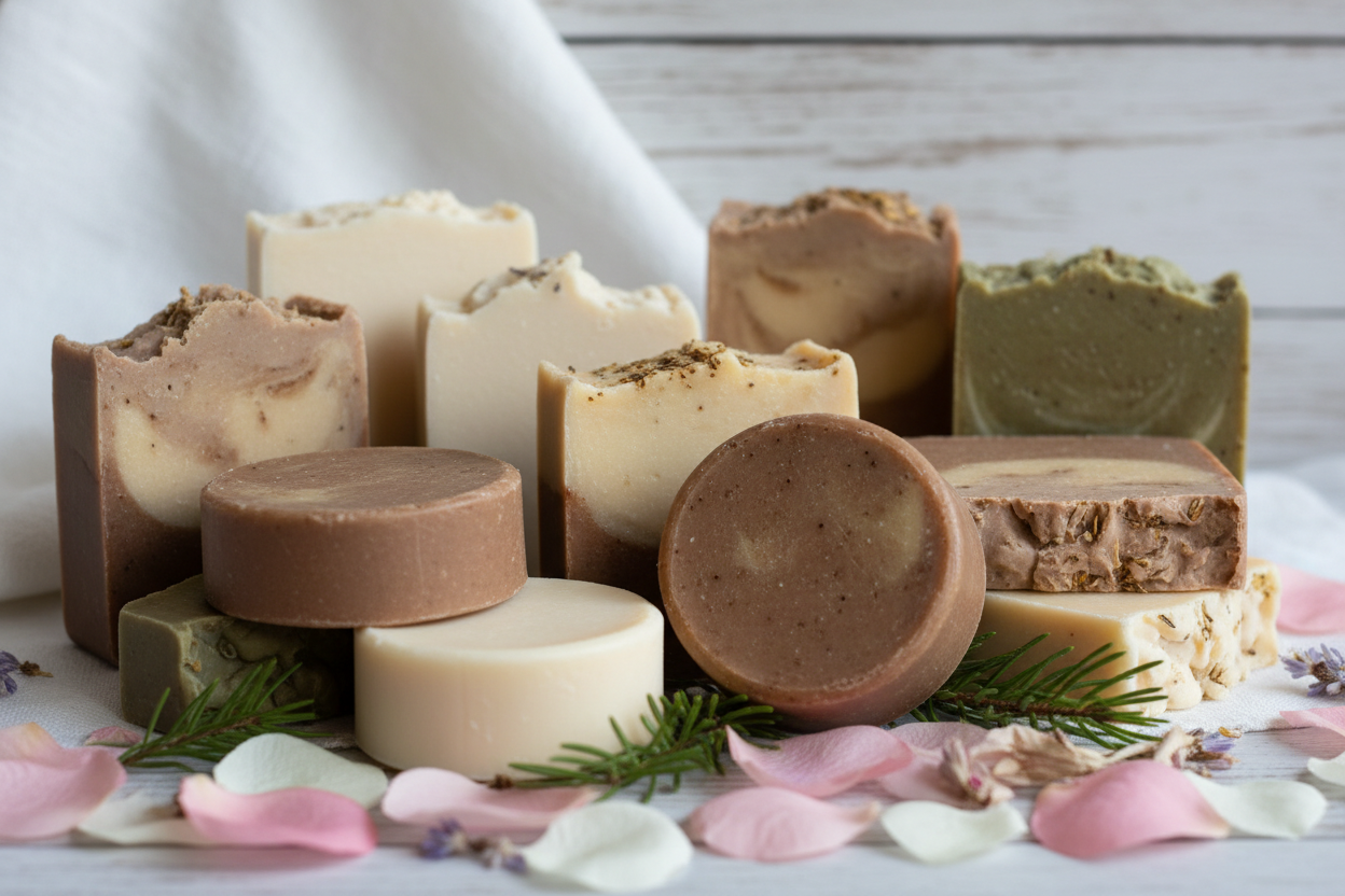 photo of assorted goat milk, tallow, artesian soaps with some flow petals and pine needles around the base